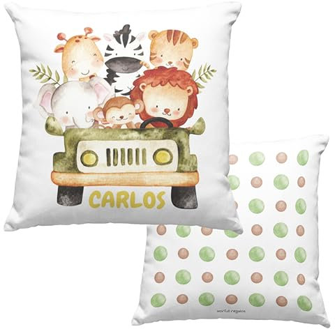 Worfull Regalos Cojín Personalizado, cojín con Nombre, guardería, cojín Infantil, cumpleaños, niños, bebé, Almohada, Vuelta al Cole, Regalo Original, Nacimiento (Coche con ANIMALITOS)