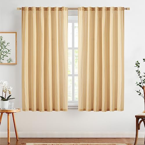TOPICK Juego de 2 cortinas de 145 x 140 cm (alto x ancho cm) en amarillo para salón, dormitorio, cocina, lino, a rayas, con cordón, estilo rústico, modernas, semitransparentes