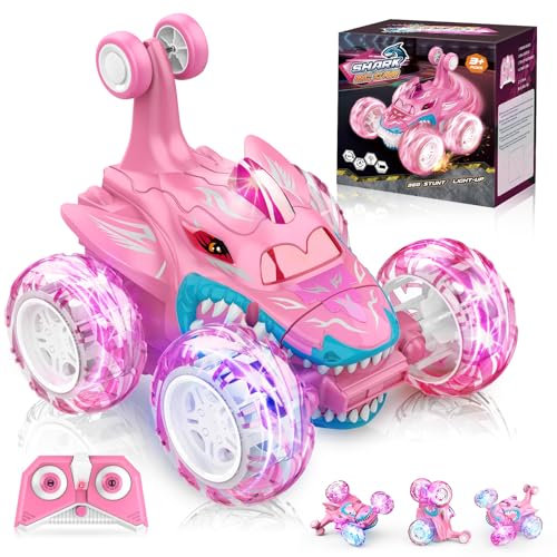 Dislocati Girls Remote Control Cars 360°Flips LED Flash Light Monster Truck Toys Age 5 6 7 Girls Birthday Presents Outdoor Stunt Car