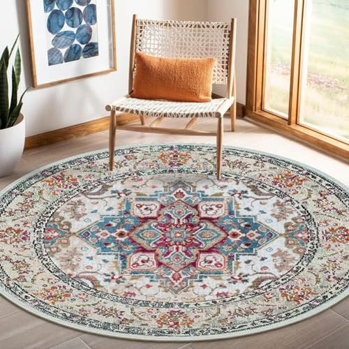 Nyescasa Teppich Rund 80 cm Vintage Boho Mandala Teppich Wohnzimmer Waschbar rutschfest Weich Kurzflor Runder Teppiche für Schlafzimmer Kinderzimmer Outdoor, Beige Blau Rot