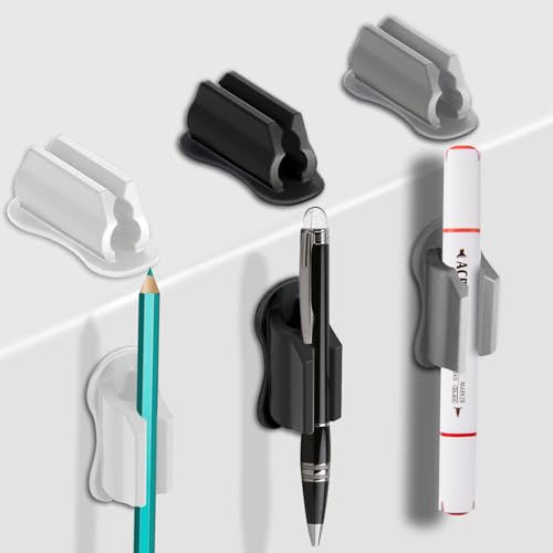 Adhesive Pen Holder for Wall Pencil Holder for Desk Organizer, 6Pack Silicone Pen Holders for Clipboard, Marker Holder Sticky Pen Holder for Desk Accessories, Office Supplies (2black+2white+2grey)