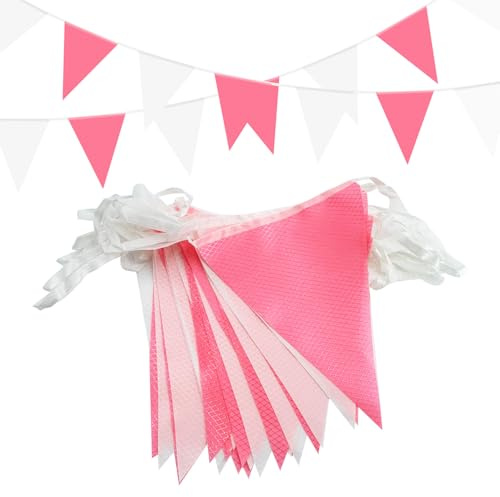 Bandierine impermeabili riutilizzabili di alta qualità, 20 m, 56 bandierine triangolari, bandierine rosa bianche per compleanni, decorazioni per feste in giardino all'aperto