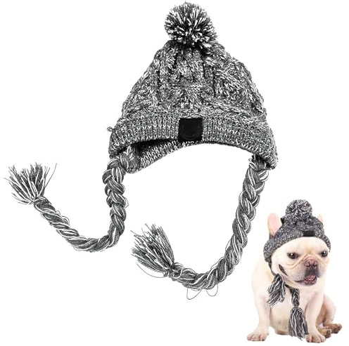 ACTOYS Bonnet pour Chien Chaud et Moelleux, Gris (S) avec Trous d'oreilles et Long Tressage