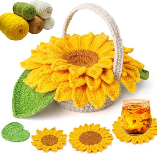 JAWAI Kit Gancio per Principianti, Adulti, Kit Maglieria Completo, Con Tutorial, Sottobicchieri Botanici all'Uncinetto per Decorazione da Tavolo
