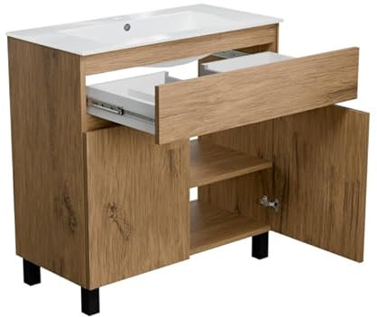 paplinskimoebel Meuble Salle de Bain 80 cm avec Vasque Ariza Sink | Meuble sous lavabo avec 1 tiroir et 2 Portes | Suspendu ou Debout | Bois Chêne