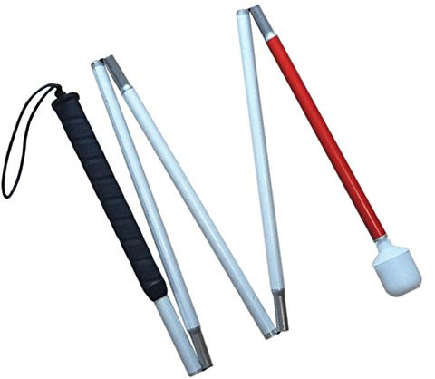 VISIONU Blindenlangstock,weiße Stock,Faltlangstock mit Kautschukgriff, Kunststoff-Rollspitze,5-teilig, 6 Größen (110 cm (43.3 inch)-Schwarz Griff)