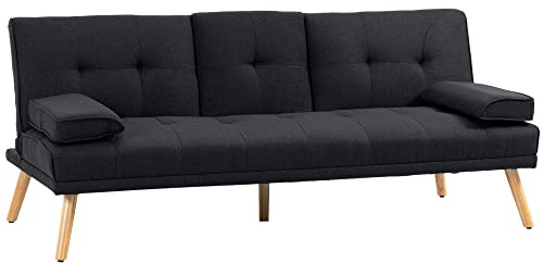 HOMCOM Canapé Convertible 3 Places, canapé-lit rembourré avec Dossier réglable 3 Niveaux, 2 Coussins et 2 Porte-gobelets intégrés, Tissu de Lin, pour Salon, Chambre d'amis, Petit Espace, Gris
