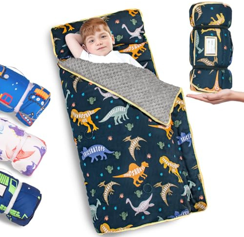 Primlect Thickened Toddler Nap Mat with Removable Pillow and Minky Blanket, Extra Large 55''x35'' Sleeping Bag, Washable, Roll up, Perfect for Daycare, Preschool, Kindergarten, Boys and Girls Dinosaur