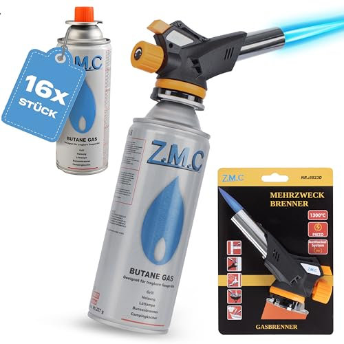 Z.M.C Gasbrenner 1,3kW mit 16 Gaskartuschen 227g, Flambierbrenner bis 1300°C, Bunsenbrenner & Küchenbrenner, Lötbrenner mit einstellbarer Flamme, ideal für Küche, Camping & Handwerk