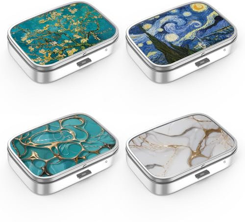 Pillendose mit 2 Fächern, tragbare Pillendose für Tasche oder Geldbörse, dekorative Metall-Medizin-Vitamin-Organizer, einzigartiges Geschenk (4 Stück, Set mit 4 Stück, Set von Gogh + Marmor)