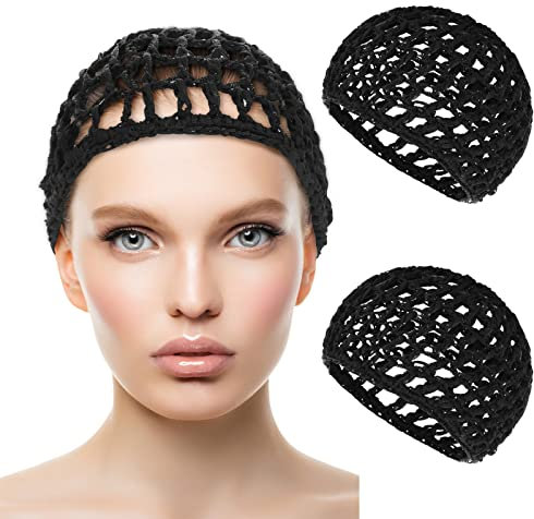 WLLHYF 2 STÜCKE Haarnetze Mütze Schlafen Haarnetz Snoods Wrap Bonnets Lange Gerade Locken Perücke Kopfschutz Schwarz Mesh Wrapping Häkelwelle Kochmützen Dutt Lift Strap Weben Nähen Für Frauen Ballett