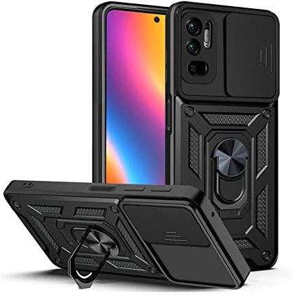 LBH Armor Hülle für Xiaomi Redmi Note 10 5G Case mit Kameraschutz Outdoor Stoßfest Handyhülle 360 Grad Metal Ring Halter Ständer Schutzhülle für Handyhalterung Auto Magnet Schwarz