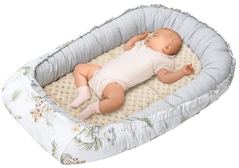 Medi Partners Riduttore Lettino Neonato - 100x60x15 Nido Antisoffoco Neonati Bozzolo Culla per Bebè neonata bilaterale Cuscino 100% Cotone Minky (Safari con Minky beige)