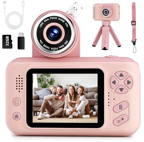 Makolle Kids Camera Toys for Girls 3-12 Year Old,Toddler HD Digital Video Camcorder Camera with Tripod,Children Chritmas Birthday Gift with 32GB SD Card-Pink