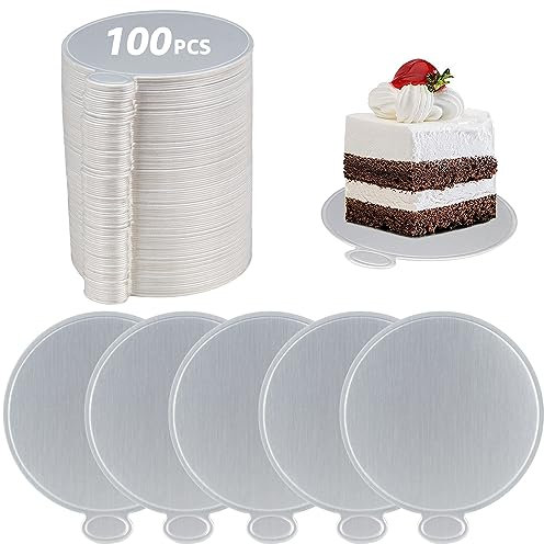 HONZUEN Lot de 100 Mini Planches à gâteau Rondes - pour Mousse et Dessert - Respectueux de l'environnement - Réutilisable - pour Mariage, Anniversaire (8 cm) (argenté)