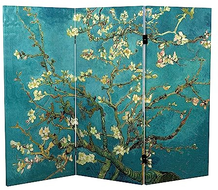 Red Lantern Double Sided Works of Van Gogh Canvas Folding Screen - Almond Blossoms/Wheat Field, 3 ft Short - 3 Panel