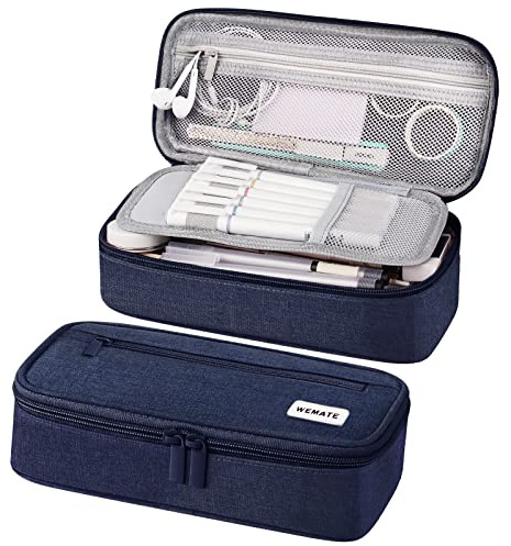 WEMATE Large Pencil Case Aesthetic,Big Capacity Canvas Pencil Pouch with Zipper, Pencil Case for Women & Men, Marker Pen Case,Portable Stationery Pencil Bag for Office (Blue)
