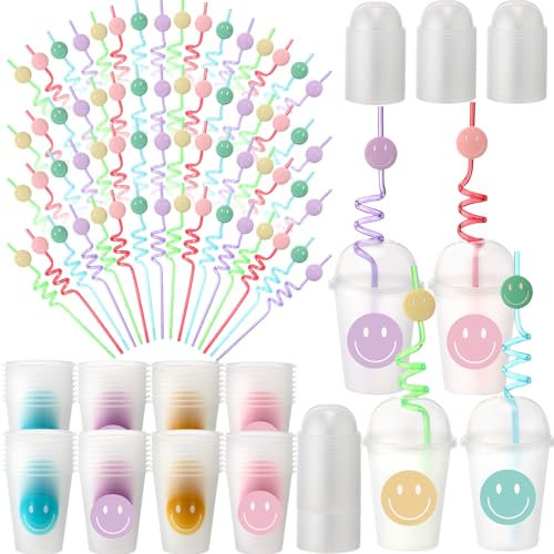 Yaomiao Smile Face Sipper Cups with Straws and Lids, 12 oz Clear Plastic Cups Happy Face Party Cups with Dome Lids Happy Party Favors for Kids, Tea, Coffee, Smoothie, Cold Drinks(64 Pack)
