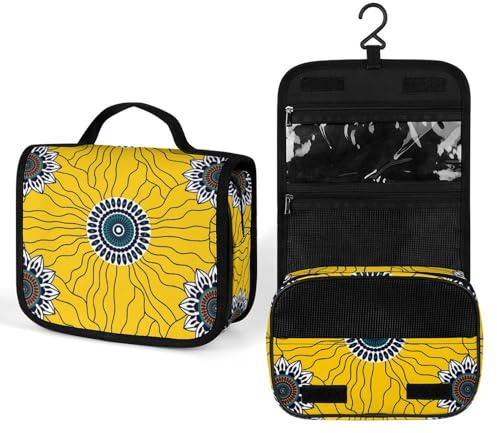 Make-up-Tasche, personalisierte Kosmetiktasche für Damen, Gelb, Blumen, 22.5(fold)/41(unfold)L x 7W x 18.5H cm, Kulturbeutel