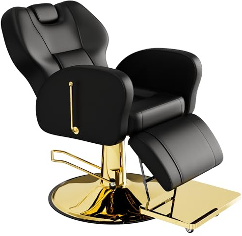 Baasha Black & Gold Reclining Barber Chair, All-Purpose Salon Chair for Hair Stylist with Soft PU Leather and Stable Round Base, Perfect for Braiding and Tattoo Use