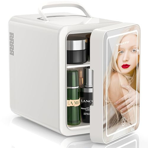 VINATO Mini Frigo 6L, Mini Frigo de Chambre, Réfrigérateur pour Soins de la peau avec Miroir LED, petit Réfrigérateur avec Fonction de Chauffage et de Refroidissement, pour Voiture, Bureau, Camping