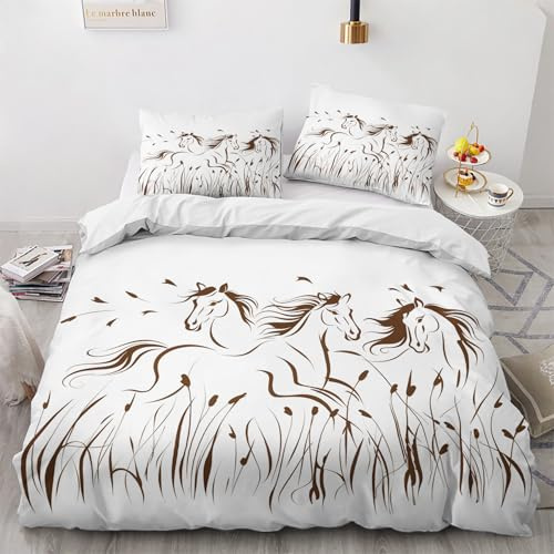 Housse de Couette 140x200 Cheval - Decoration Cheval, Parure de Lit 1 Personne Imprimée Cheval Courant, Linge de Lit en Microfibre Douce avec Fermeture éclair, 1 Taie d'oreiller 65x65 cm W#&194