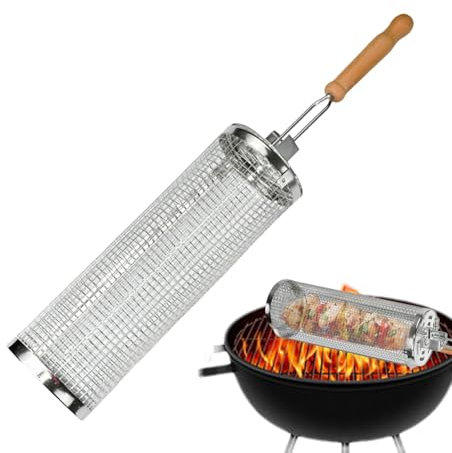 Paniers de gril roulants, tube de maille de barbecue, grillades, cage de gril roulante-cage cylindrique de gril de maille d'acier inoxydable pour la viande de crevettes et les légumes cage de gril rot