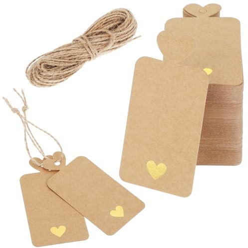 Piriuuo 100 Stück Geschenkanhänger, Kraftpapier Etiketten mit Schnur Kärtchen zum Beschriften 10 x 5 cm Blanko Geschenktütenanhänger Hochzeit Geschenkanhänger Geschenk für Geburtstage, Weihnachten