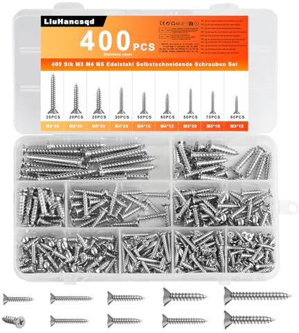 400 Pz M3 M4 M5 Viti Autofilettanti per Legno, Viti a Testa Piatta a Testa a Croce per Lamiera, Viti per Legno a Testa Svasata Croce Assortimento Kit, Set Viti in acciaio INOX