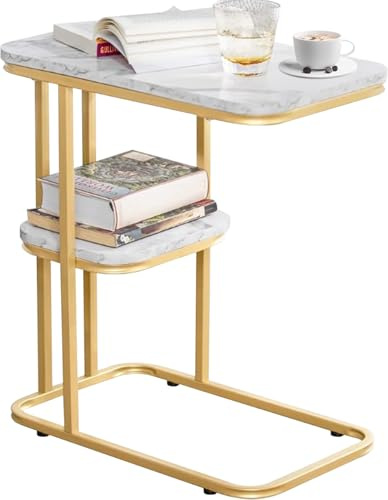 KEBMCHN Beistelltisch, 2 Ebenen Kleiner Couchtisch, 50 * 30 * 58 cm, Marmorähnlicher Tisch, Couchtisch mit Stauraum, Einfach zu montieren, Wohnzimmer Tisch für Couch, Sofatisch, Nachttische（Gold）