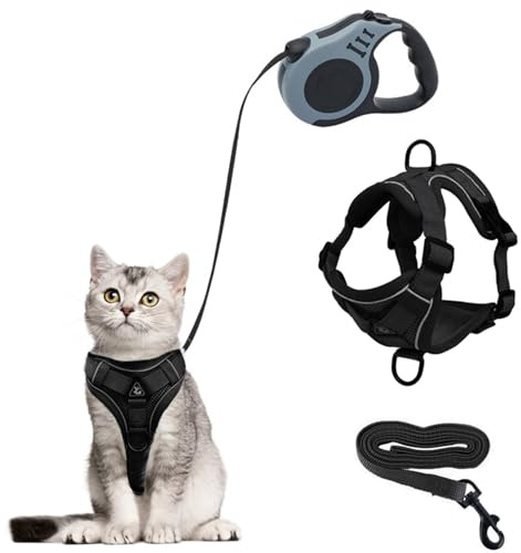 Juego de arnés y correa para gato, arnés para gatitos a prueba de fugas con correa retráctil para gatos, correa extensible automática de 5 m, para perros, cachorros, mascotas que caminan (negro, S)