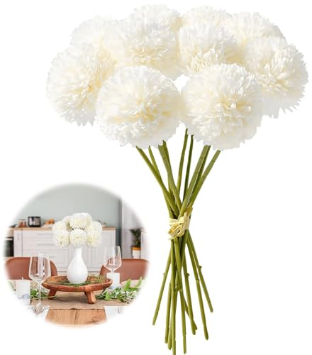 NINGYER 12 Pezzi Fiori di Ortensia Artificiale, 29 cm Ortensie Finte Realistiche, Crisantemo in Seta Bianca per Casa, L'ufficio, matrimoni, Decorazioni per Feste (Bianco)