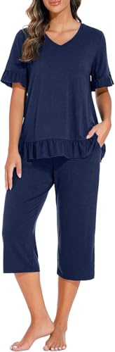 PrinStory Pigiama Donna Scollo a V Pigiama Manica Corta Top E Pantaloni Lunghi 3/4, Blu mare, XL