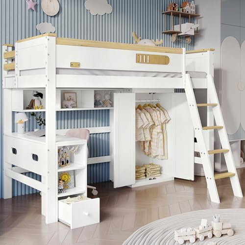 Laxnb Kinderbett 90x200 cm Hochbett mit Schreibtisch und Schrank, Etagenbett mit Leiter, Bett mit Stauraum Regal, Hausbett Holzbett Kinderbett mit Rausfallschutz, Hochbett Kinder, Ohne Matratze, Weiß