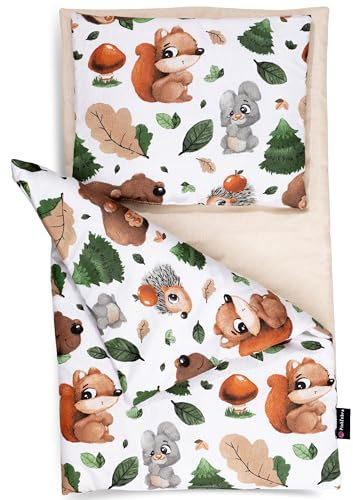 PinkZebra 3-teilig Puppenbettwäsche für große Puppen bis 48 cm, Decke + Kissen + Matratze, Puppenbettzeug mit Matratze, Bettwäsche aus Baumwolle, Walderlebnis