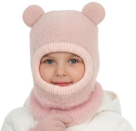 AYPOW Vintermössa för barn från 4 till 8 år, varm stickad hatt öronhalsduk med pompong, termisk vindtät mössa, småbarn, pojke, flicka, fleecefodrad ansiktsmask, rosa, One size