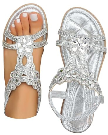 Sandaletter damer glitter platt, sandaler damer platta eleganta, slip-on strass strandsandaler öppen tå andas fritidssandaler lätta bekväma sommarskor mjuka halkfria sandaler