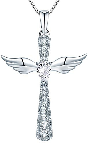 YL Collar Cruz Ala de Ángel Plata de Ley 925 Circonita Blanco de Piedra Natal de Abril Colgante Ángel de la Guarda para Mujer, Cadena 45 + 3 CM
