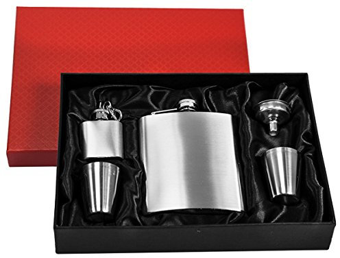 eyepower Fiaschetta in acciaio inox 210 ml + imbuto + $ bicchieri + portachiavi + elegante confezione regalo | Fiasca di metallo inossidabile 0,2l 7oz