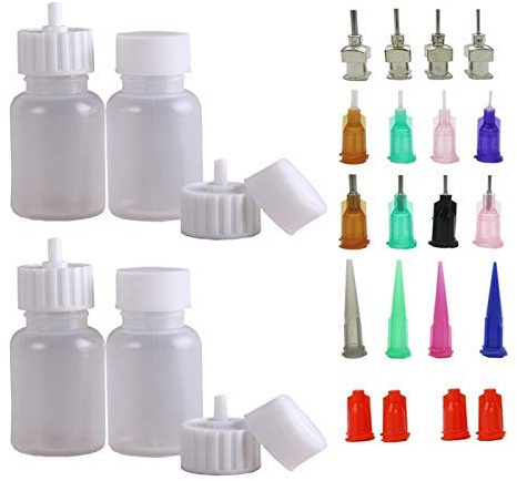 XMASIR Bouteille en plastique de tatouage,Tip Precision Applicateur Set bouteilles Contient 4 bouteilles applicateurs vides avec 16 aiguilles Conseils