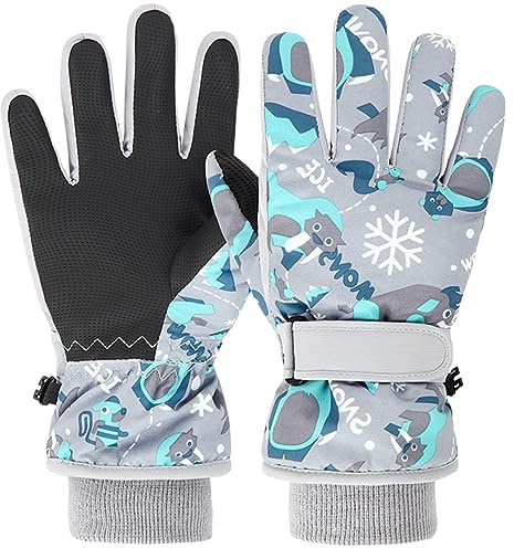 Azarxis Kids Ski Gloves Toddler Winter Cold Weather Warm Snow Mittens Windproof for Boys Girls Snowboarding Sledding Cycling (Grey, 4-6 Years Old)