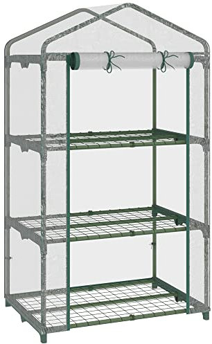 Outsunny Serre de Jardin avec étagères 3 Niveaux, Serre de Balcon, bâche renforcée PVC, châssis en Acier, Porte zippée Enroulable, pour légumes Plantes Fleurs, 69 x 49 x 125 cm, Transparent