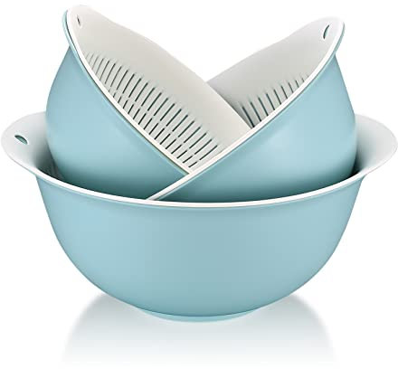 2-in-1 Multifunktion Küchensieb Set, 3 Stk Doppelte Schichte Seiher Schüssel Sieb, Nudelsieb Kunststoff, Abtropfsieb Ablaufbecken Abflusskorb für Obst Reis Gemüse Salat Küchen Sieb, 3 Größen, Blau