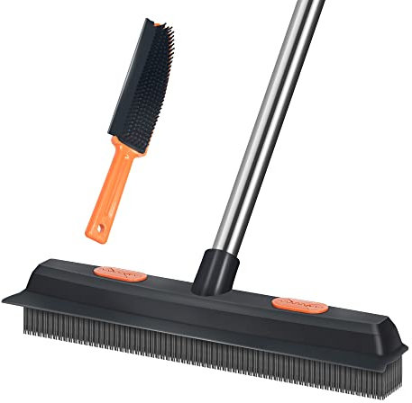 Carpet Rake for Pet Hair Remover Long Handle with Squeegee, Rubber Broom Carpet Brush Non Scratch Bristles Fur Remover Indoor Outdoor Push Broom for Cat Dog Hair Hardwood Tile Windows Clean