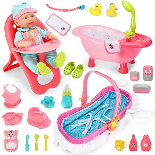 deAO Babypuppen-Zubehörset mit Puppen, Schnuller, Badezubehör für Baby und Kleinkindpuppen Wasser drücken Badewanne, Puppenspielzeug zum Füttern und Mode, Puppenkleidung und Schuh Set, 25-teiliges Set