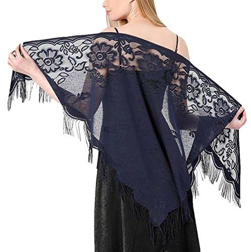 JK Home Floral Lace Triangle Shawls Wraps with Tassels, Hollow Out Soft Mesh Fringe Scarf 184cm for Wedding Evening Party, Women Scarves Bikini Cover Up
