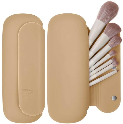 BAGCRAZY Silicone Travel Makeup Brush Holder for Women with Magnetic Closure and Built-in Brush Cleaner, Washable Cosmetic Organizer, Gift-Ready Pouch, Khaki