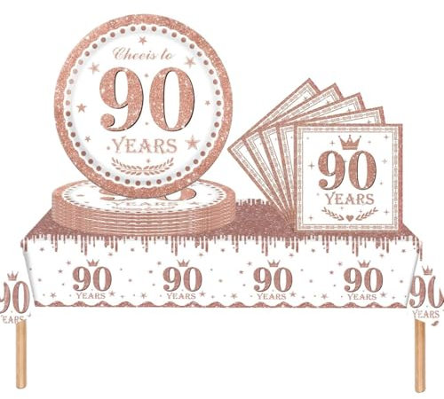 Stoviglie per feste 90° compleanno, oro rosa, 37 pezzi, decorazioni tovaglia di carta, piatti, tovaglioli per adulti lei e lui 90° Decorazione da tavolo regalo di compleanno