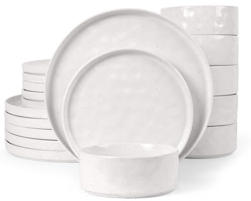 Homikit Dinner Sets for 6 People, 18-Piece Reactive Glaze Plates and Bowls Set, Elegant Dinnerware Stoneware for Kitchen, Healthy & Scratch Resistant, Dishwasher & Microwave Safe, Pearl White
