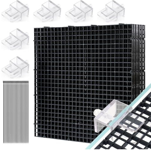 LINLAN Aquarium-Anti-Sprung-Set, Aquarienabdeckung, 8 Stück 30x30 cm Kunststoffgitter mit 6 Halterungen und 20 Kabelbindern, Abdeckung für rahmenlose Aquarien(Schwarz)